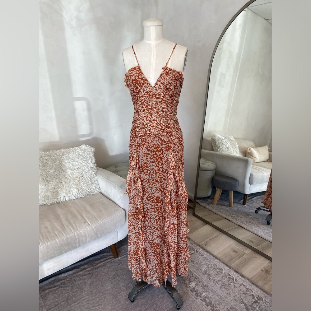 WEDDING GUEST DRESS SHONA JOY HALA RUCHED FRILL MAXI DRESS IN MANGO AND OATMEAL